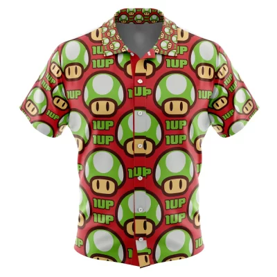 1Up Mushroom Super Mario Men's Short Sleeve Button Up Hawaiian Shirt
