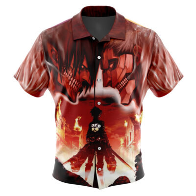 Burning Attack on Titan Men's Short Sleeve Button Up Hawaiian Shirt