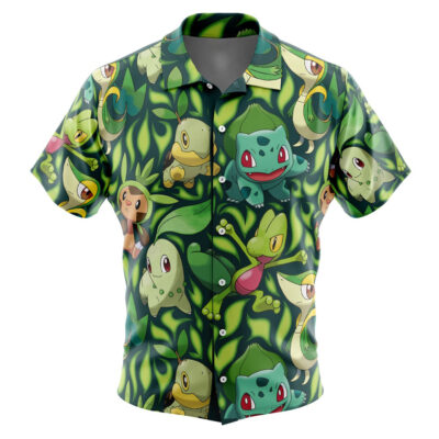 Grass Type Starters Pokemon Men's Short Sleeve Button Up Hawaiian Shirt