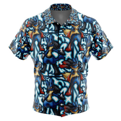 Lucario x Mega Lucario Pokemon Men's Short Sleeve Button Up Hawaiian Shirt