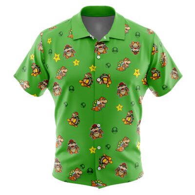 Bowser Pattern Super Mario Men's Short Sleeve Button Up Hawaiian Shirt