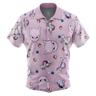 Mewtwo Pattern Pokemon Men's Short Sleeve Button Up Hawaiian Shirt
