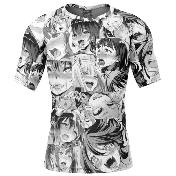 Hooktab Manga Ahegao Pattern Short Sleeve Rash Guard Compression Shirt Cosplay Anime Gym Shirt