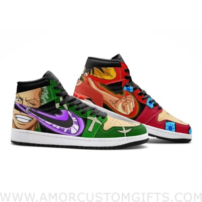 Custom Zoro and Luffy One Piece Mid Top Basketball Sneakers Shoes | Personalizable Anime Fan Sneakers