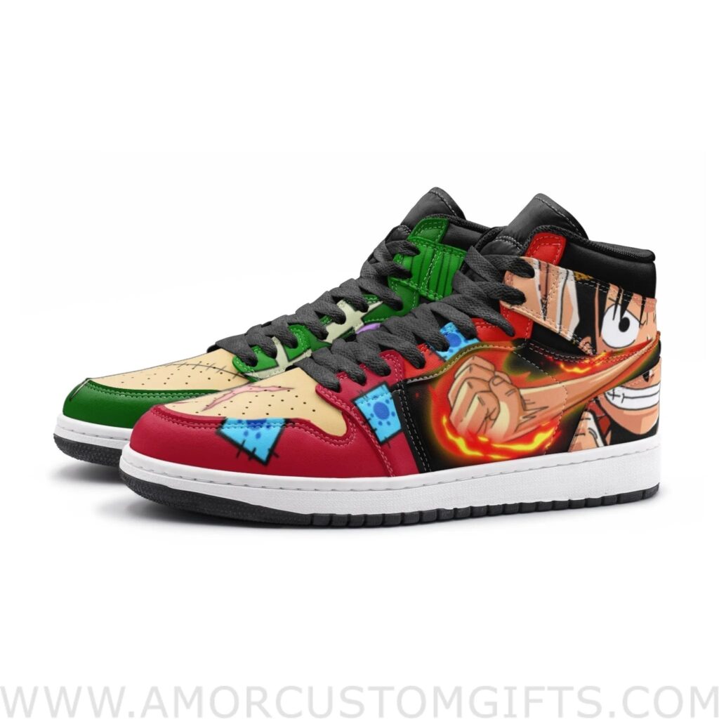 Custom Zoro and Luffy One Piece Mid Top Basketball Sneakers Shoes | Personalizable Anime Fan Sneakers