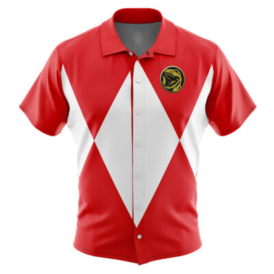 Red Ranger Mighty Morphin Power Rangers Men's Short Sleeve Button Up Hawaiian Shirt