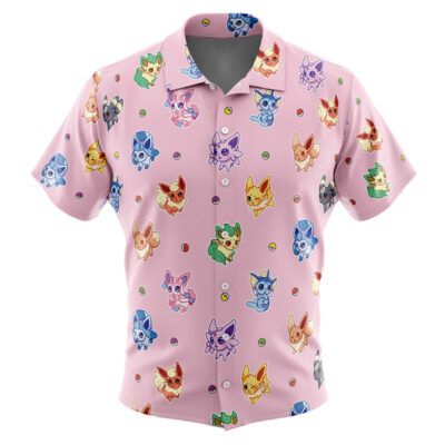 Chibi Eevelutions Pattern Pokemon Men's Short Sleeve Button Up Hawaiian Shirt