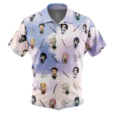 Chibi Hashira Pattern Demon Slayer Men's Short Sleeve Button Up Hawaiian Shirt