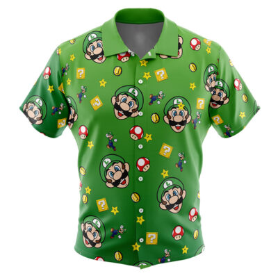 Luigi Pattern Super Mario Men's Short Sleeve Button Up Hawaiian Shirt