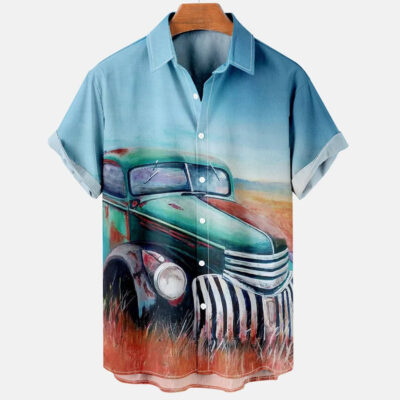 Men'S Retro Contrast Color Stitching Garage Car 3 Hawaiian Shirt