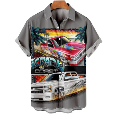 Men'S Retro Contrast Color Stitching Garage Car 4 Hawaiian Shirt