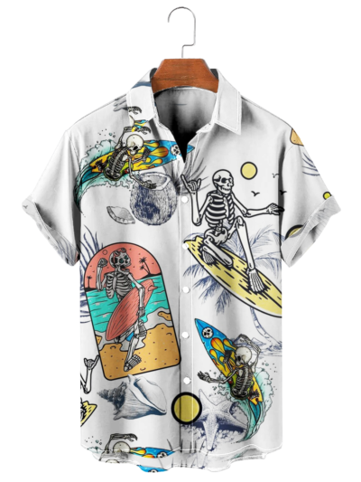 Skeleton Surfing Print Short Sleeve Button Down Shirt