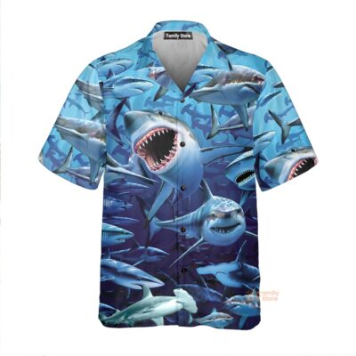 Shark Family Hunting Together Hawaiian Shirt