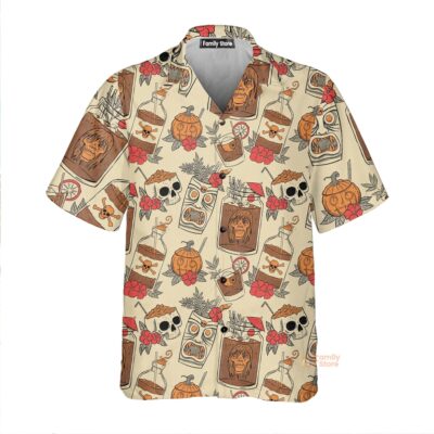 Retro Drink Tiki Skull Print Short Sleeve Shirt Casual Hawaiian Aloha Shirt