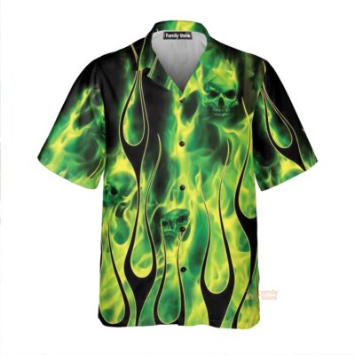 Casual Green Flame Skull Print Aloha Shirt