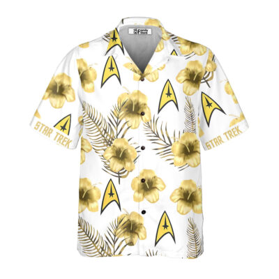 Hibiscus Floral Star Trek Starships Light Yellow Hawaiian Shirt