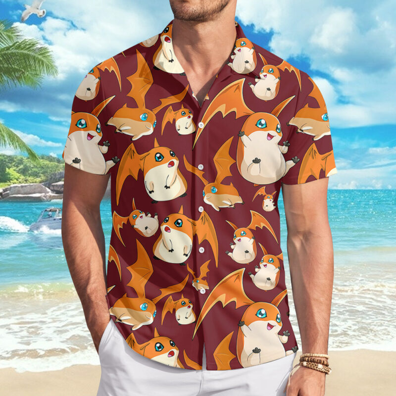 Patamon Digimon Men's Short Sleeve Button Up Hawaiian Shirt