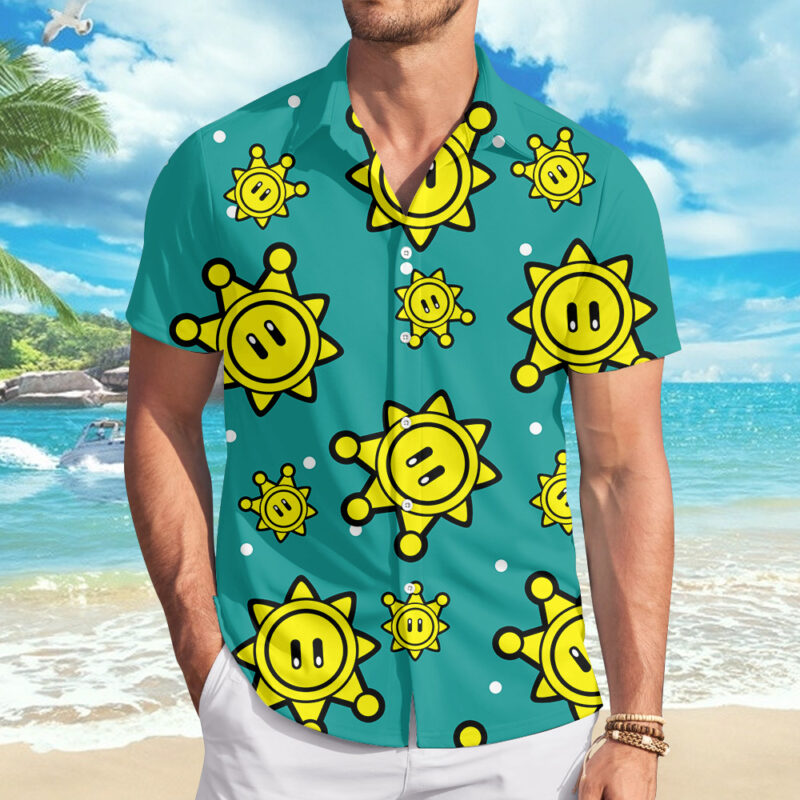 Shine Sprite Pattern Super Mario Men's Short Sleeve Button Up Hawaiian Shirt