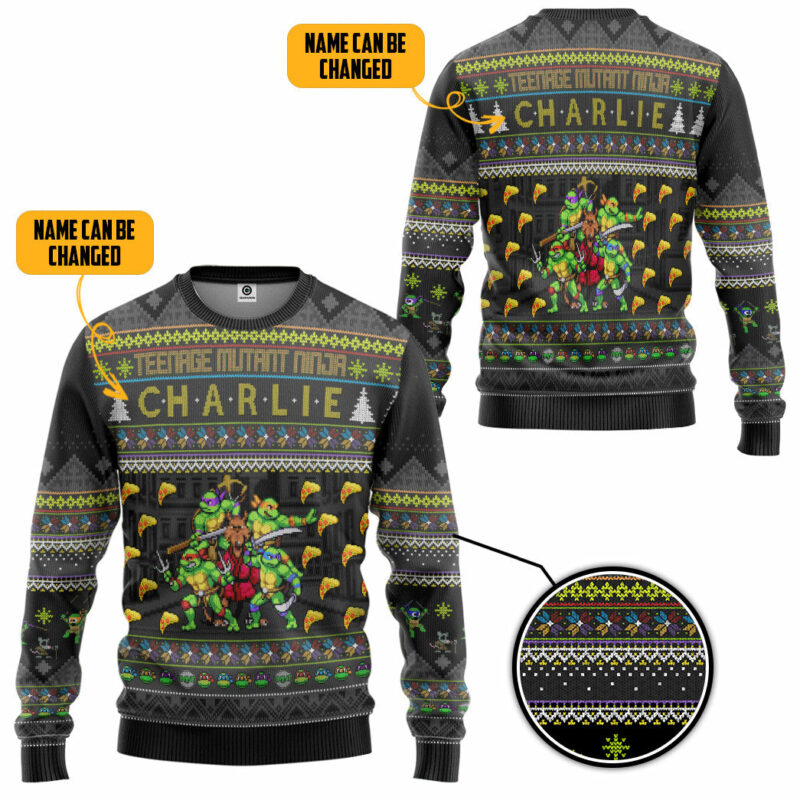 3D TMNT Turtles Ugly Christmas Style Personalized Custom Name Ugly Sweater