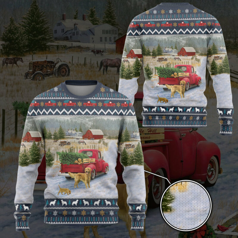 3D Golden Retriever Red Truck Christmas Custom Ugly Sweater