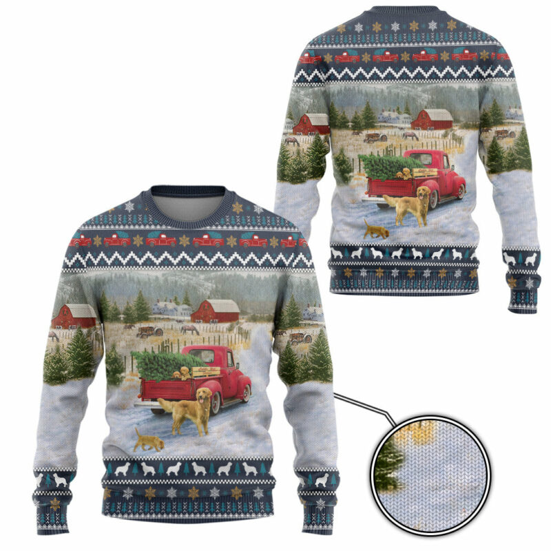 3D Golden Retriever Red Truck Christmas Custom Ugly Sweater