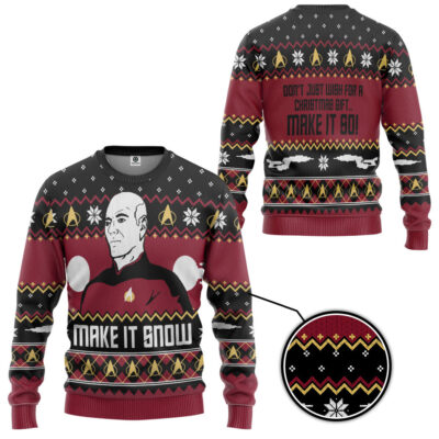 3D Make It Snow With Captian Jean-Luc Picard Christmas Custom Ugly Sweater