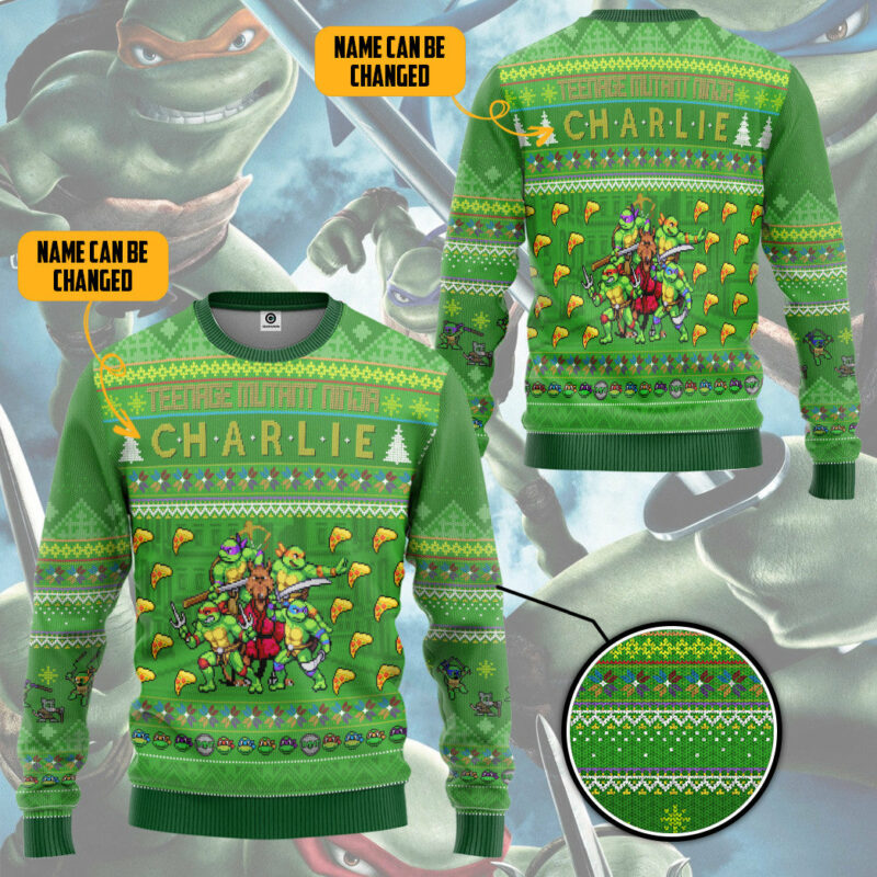 3D TMNT Turtles Ugly Christmas Style Personalized Custom Name Ugly Sweater