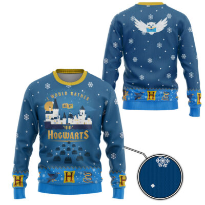 3D H.P Would Rather Be At Hogwarts Ugly Christmas Custom Ugly Sweater