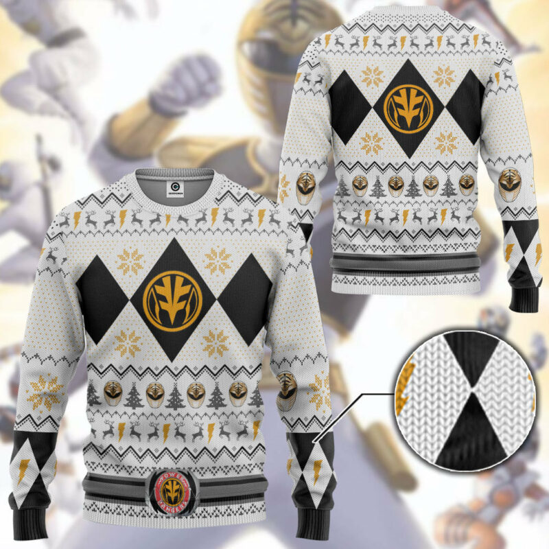 3D MMPR White Ranger Christmas Custom Ugly Sweater