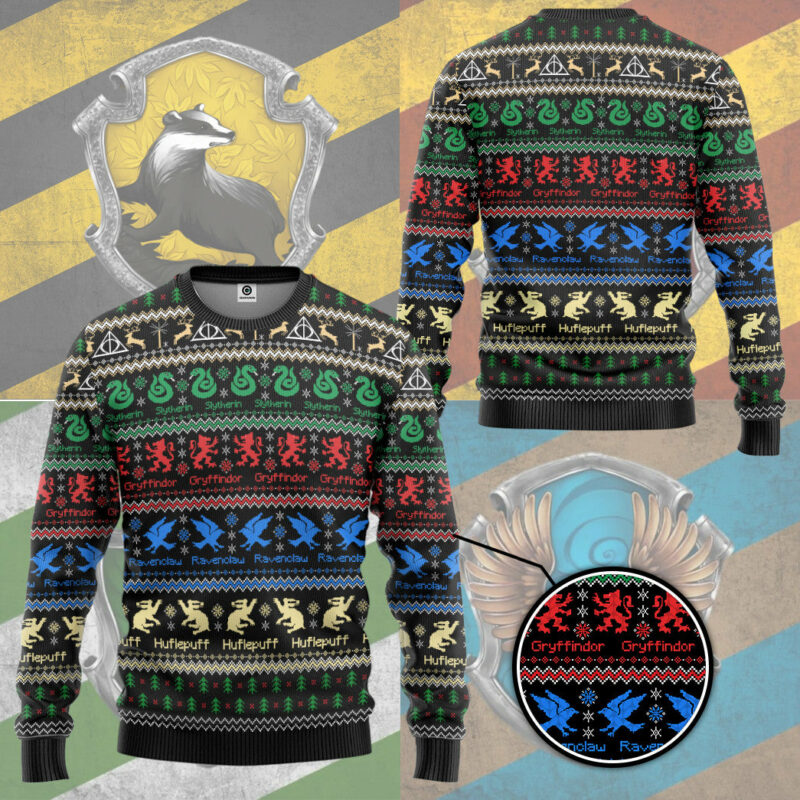 3D H.P Hogwarts House Crest Holiday Ugly Christmas Custom Ugly Sweater