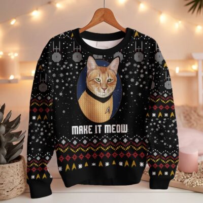 Star Strek the Cat "Make it Meow" Christmas Ugly Sweater