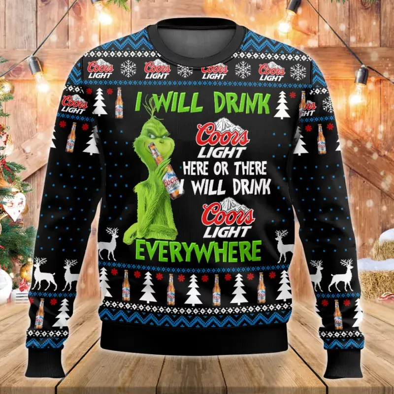 Grinch I Will Drink Coors Light Everywhere Ugly Christmas Sweater