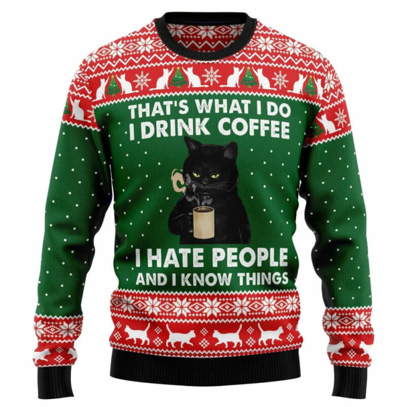 Black Cat Drink Coffee Ugly Christmas Sweater, Xmas Gifts