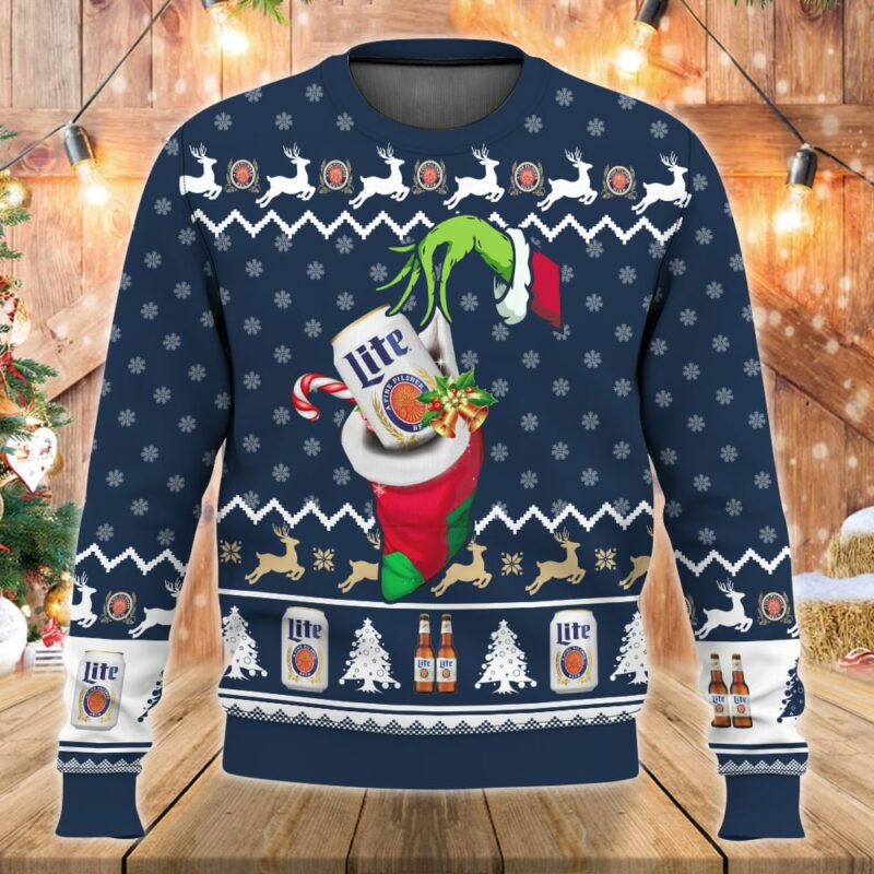 Miller Lite Grinch Hand Ugly Christmas Sweater