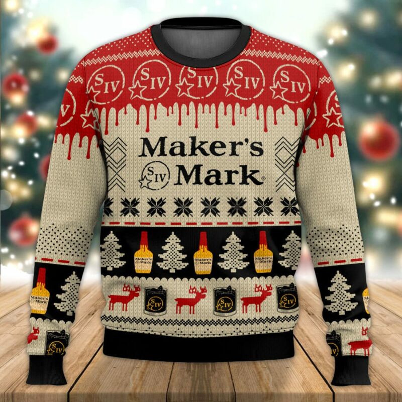 Maker’s Mark Bourbon Whisky Pine Tree & Reindeer Ugly Christmas Sweater