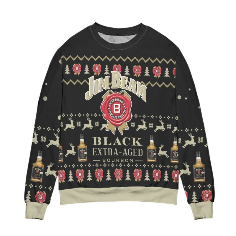 Jim Beam Black Extra Aged Bourbon Reindeer Pattern Ugly Christmas Sweater