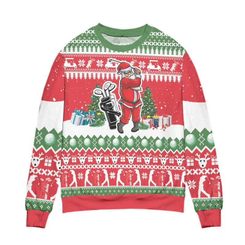 Santa Playing Golf Reindeer Pattern Ugly Christmas Sweater