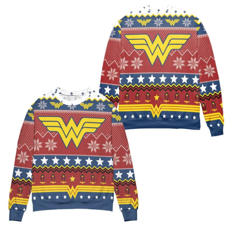 Wonder Woman Logo DC Snowflakes Pattern Ugly Christmas Sweater