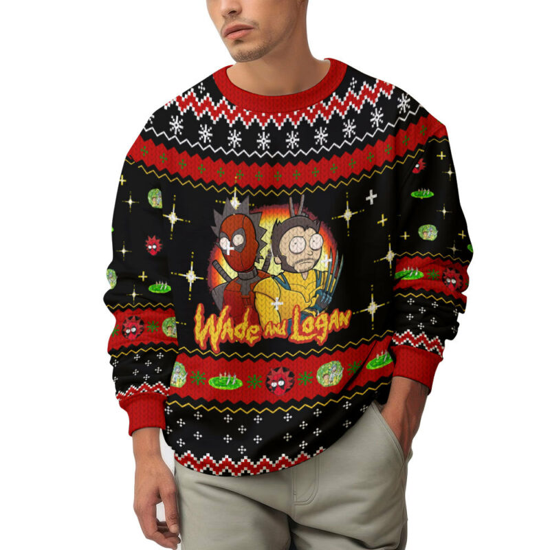 Rick and Morty or Wade and Logan in Deadpool multiverse Ugly Sweater