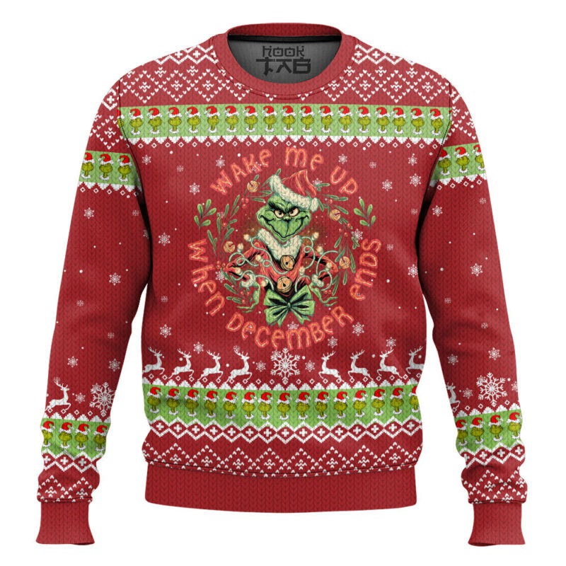 "Wake me up when December Ends" Grinch Ugly Christmas Sweater