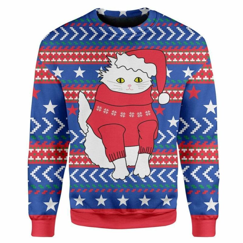 Custom T-shirt - Long Sleeves Ugly Christmas Cat Christmas Sweater Jumper