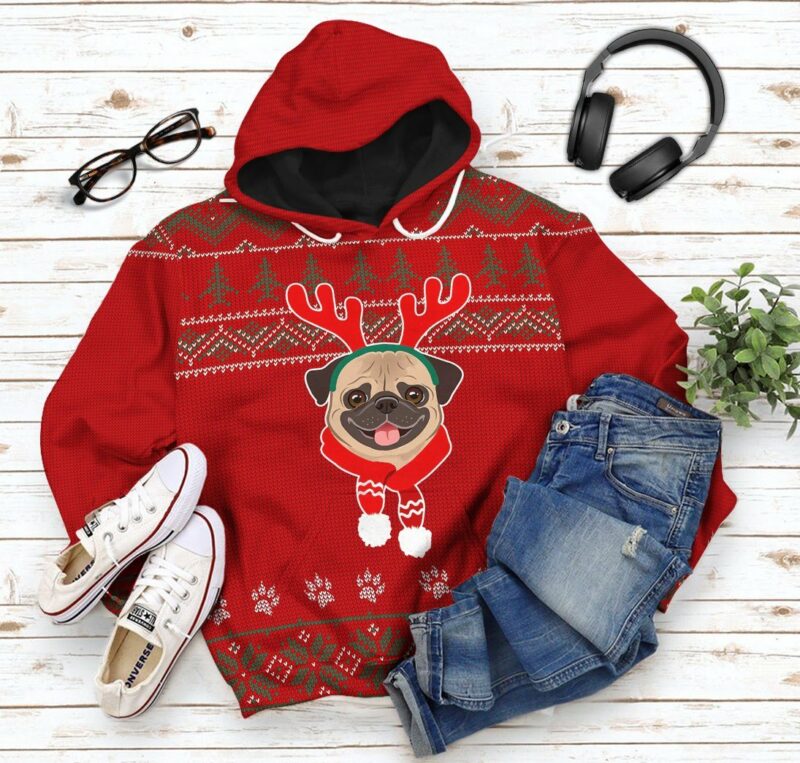 3D Christmas Pug Dog Custom Hoodie