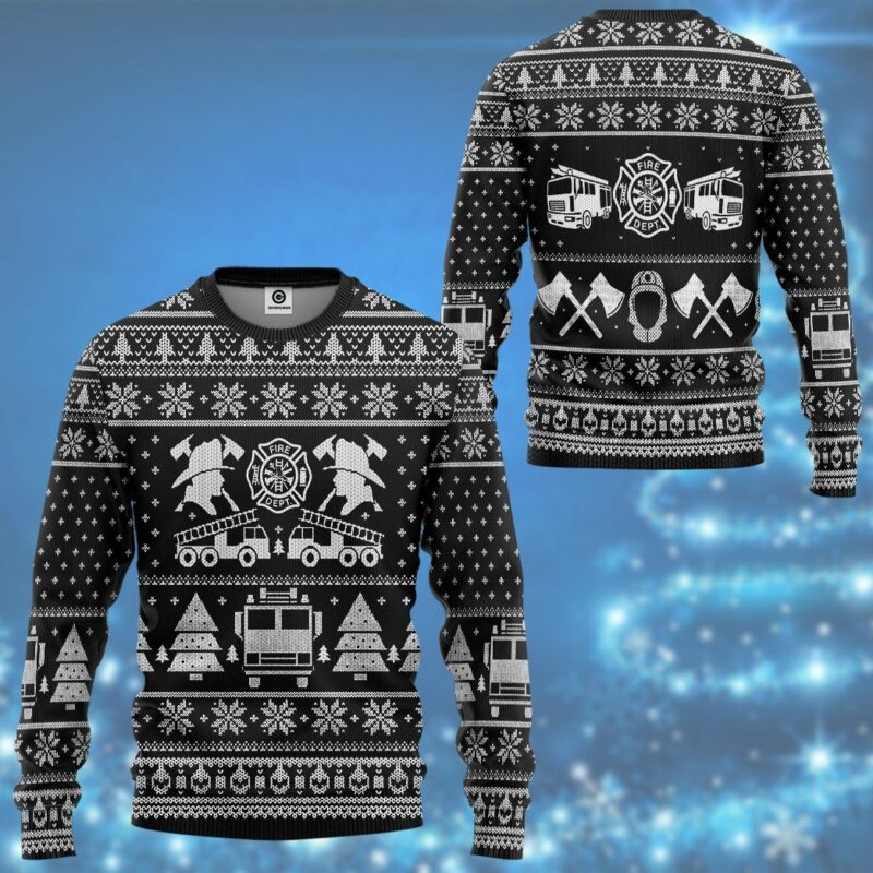 3D FIRE DEPT Firefighter Ugly Christmas Sweater Black Custom Sweatshirt Apparel