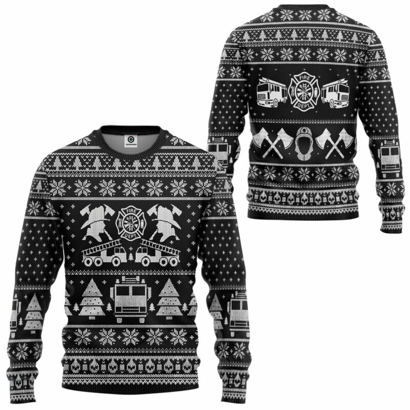 3D FIRE DEPT Firefighter Ugly Christmas Sweater Black Custom Sweatshirt Apparel