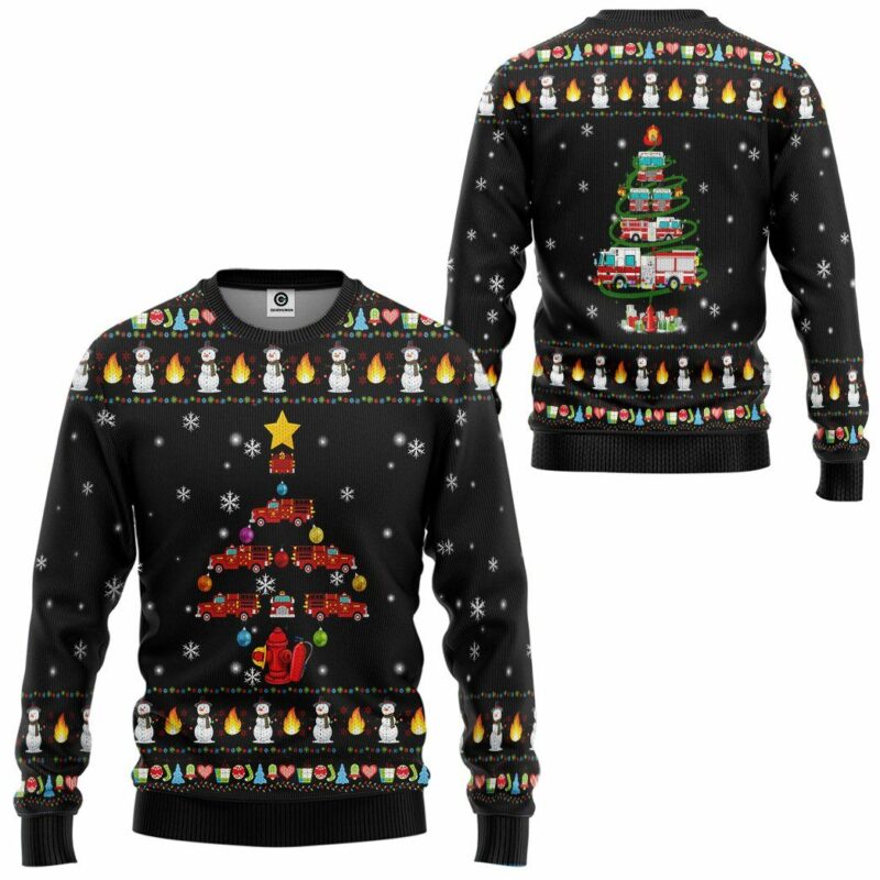 3D Firefighter Truck Tree Ugly Christmas Sweater Custom Sweatshirt Apparel