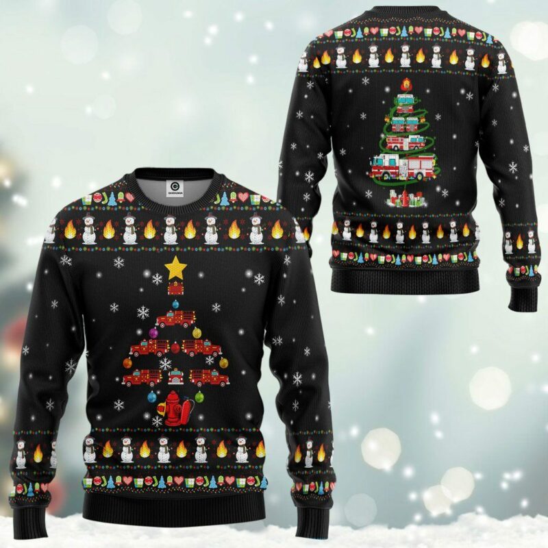 3D Firefighter Truck Tree Ugly Christmas Sweater Custom Sweatshirt Apparel