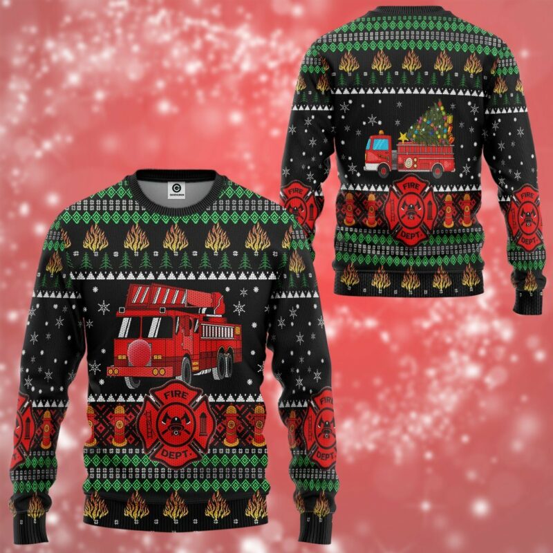 3D Firefighter Truck Ugly Christmas Sweater Custom Sweatshirt Apparel