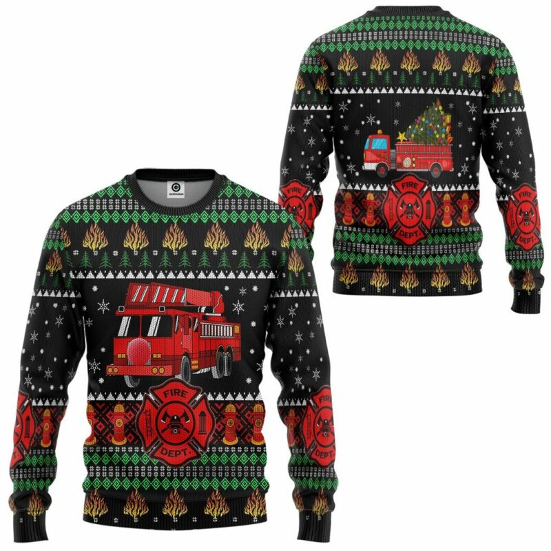 3D Firefighter Truck Ugly Christmas Sweater Custom Sweatshirt Apparel