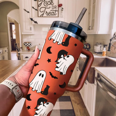 Halloween Cute Ghost Cat 40oz Tumbler, Spooky Black Cat Stainless Steel Cup, Halloween Insulated Cup Cat Mom Gift, Funny Ghost Tumbler