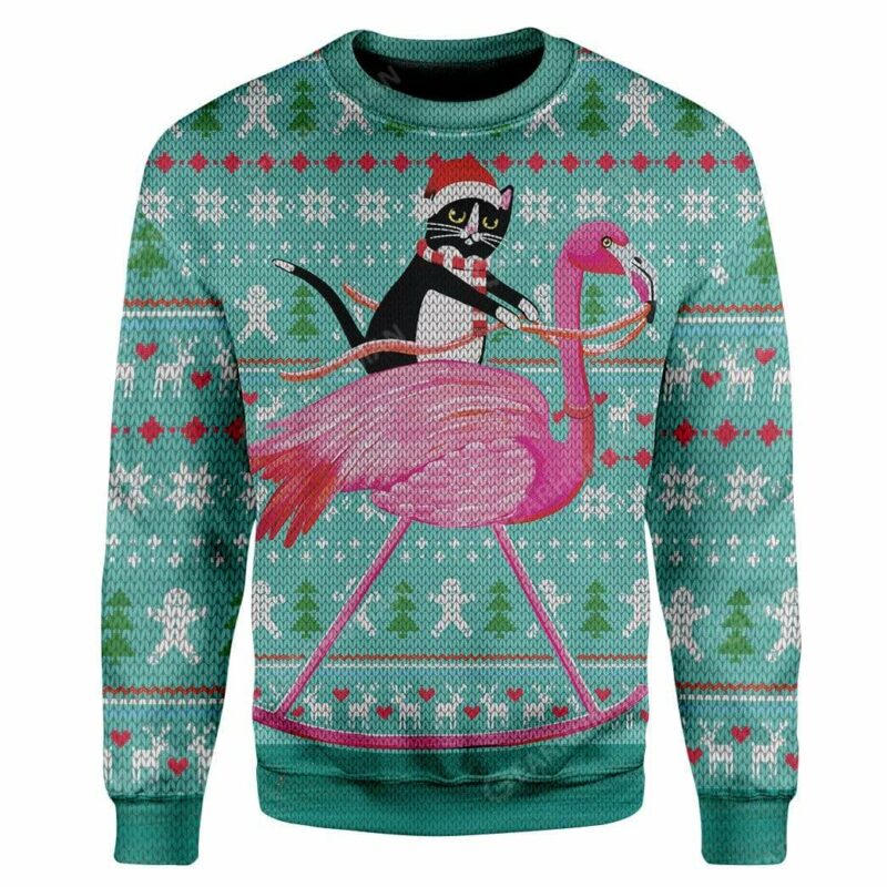 Ugly Christmas Cat And Flamingo Sweater Apparel